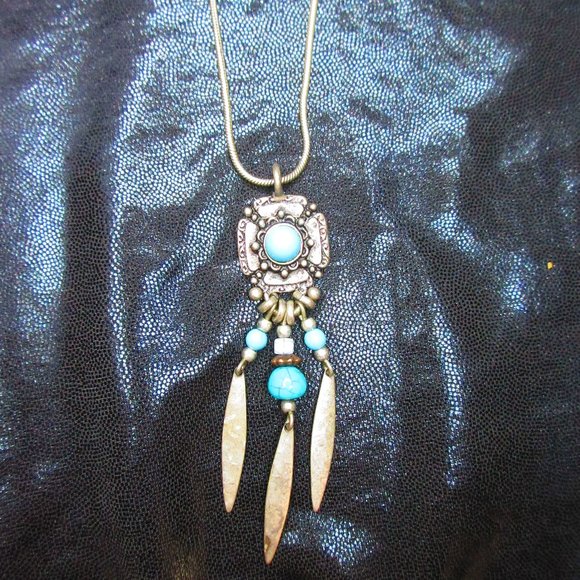 Adjustable Silver Necklace With Blue Turquoise Glass Inspired Focal Piece - Picture 1 of 6